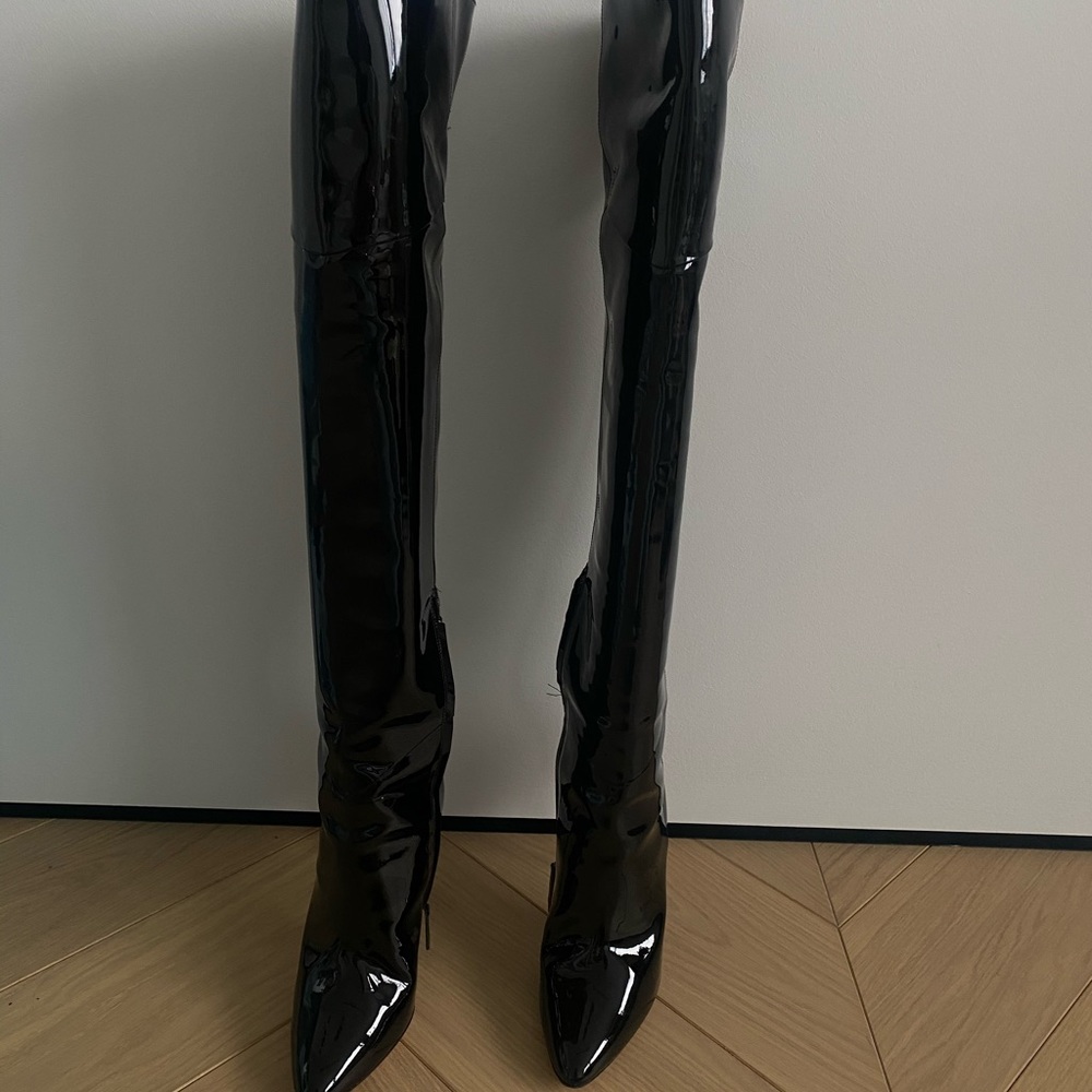 AQUAZZURA BLACK PATENT ALMA BOOT 105 SIZE 36